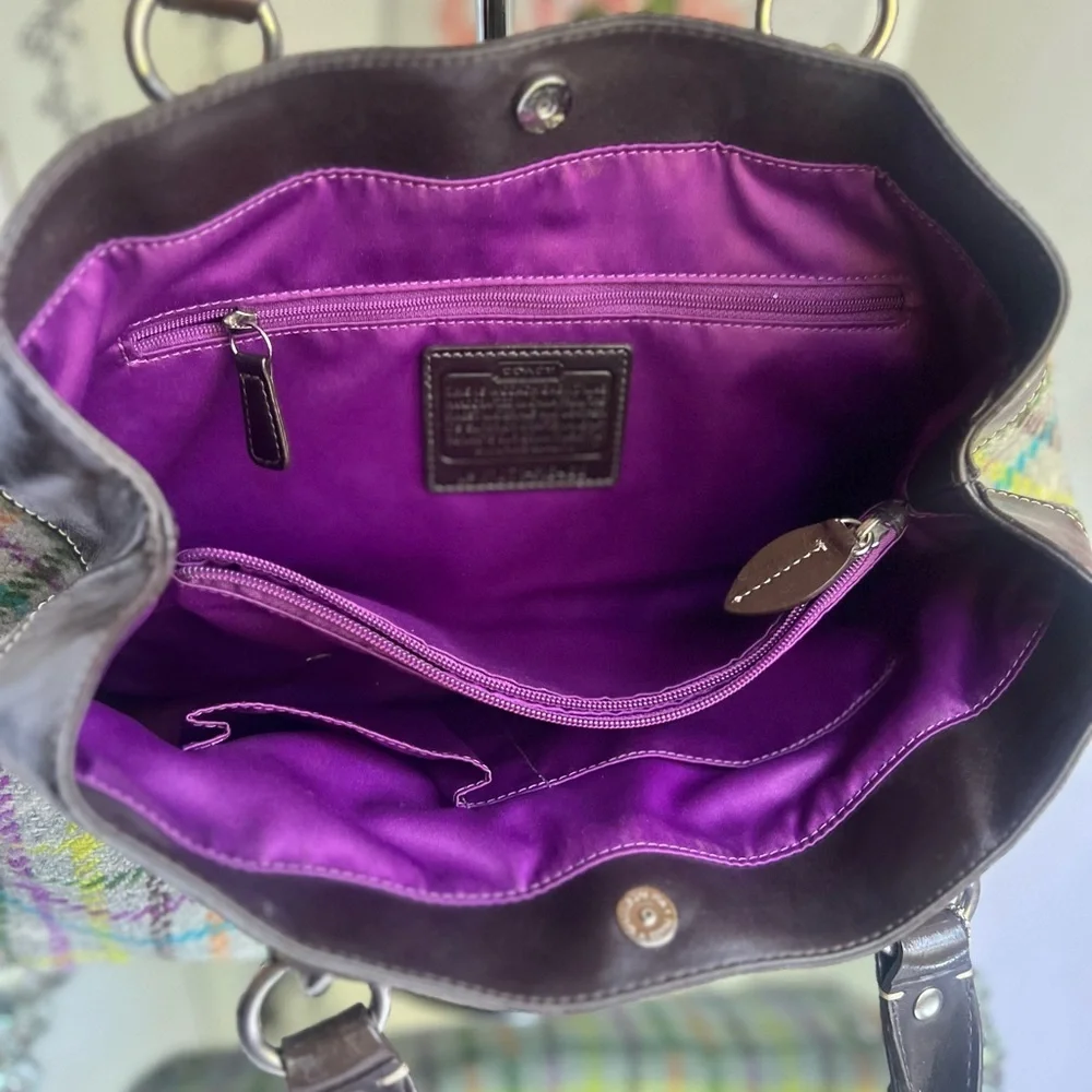 Coach Multicolor Plaid Shoulder Bag with Brown Leather